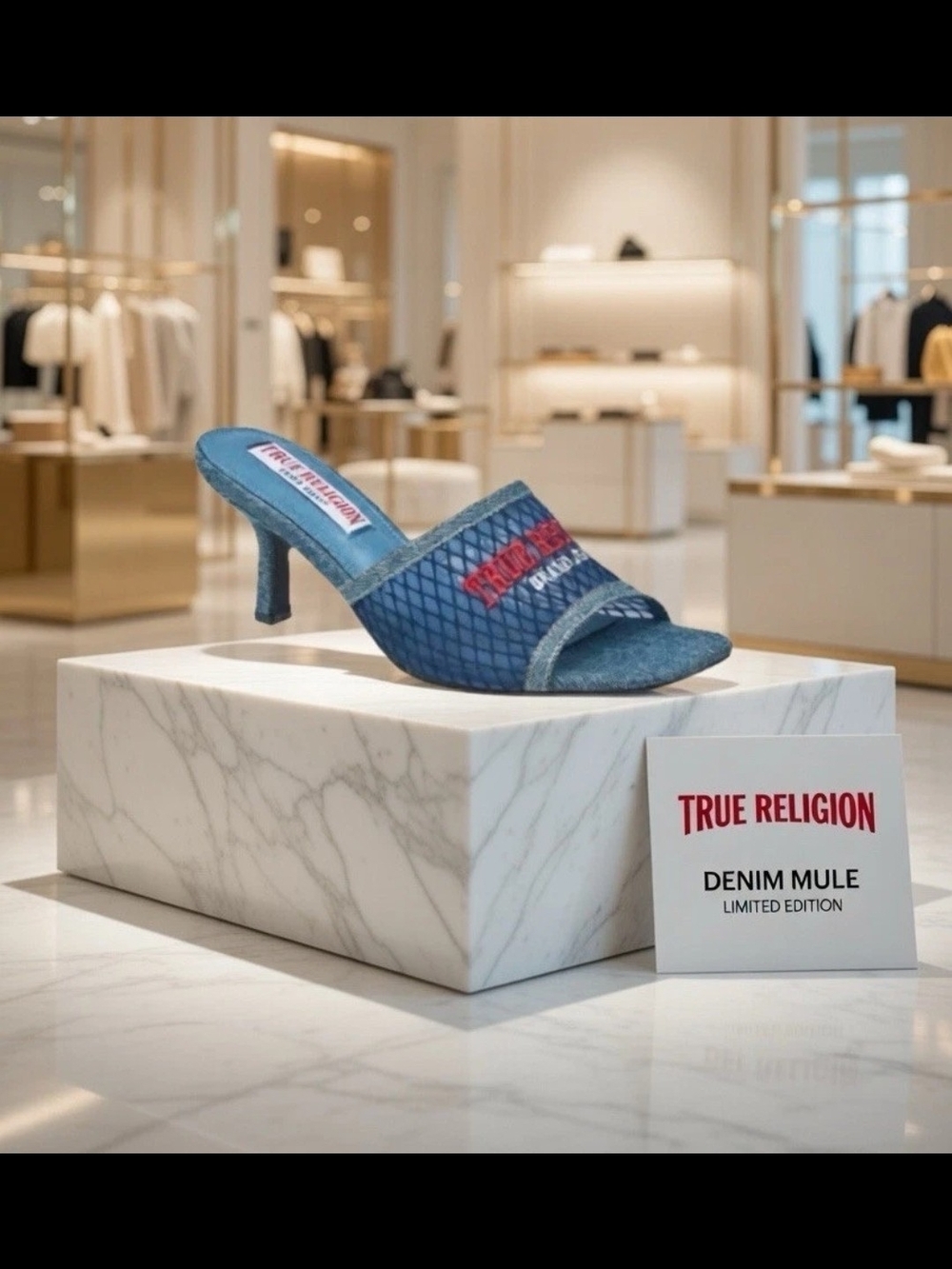 True Religion Blue Denim Slide Mule with Subtle Red Logo